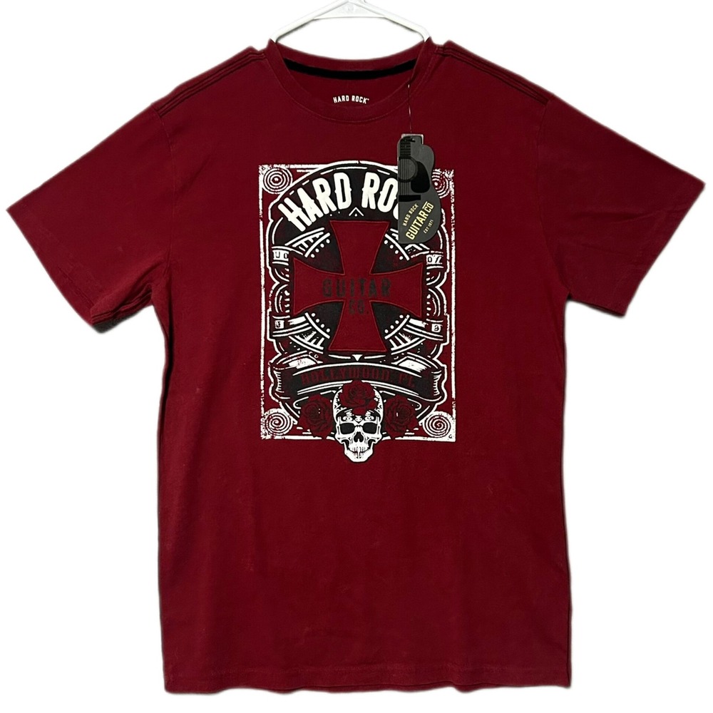 Hard Rock Guitar Co T-Shirt Mens Medium Burgundy Skull Roses Graphic Cross NWT